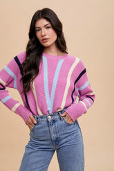 Annie Wear Chevron Stripe Ribbed Sweater - Trendy Round Neck Knitwear